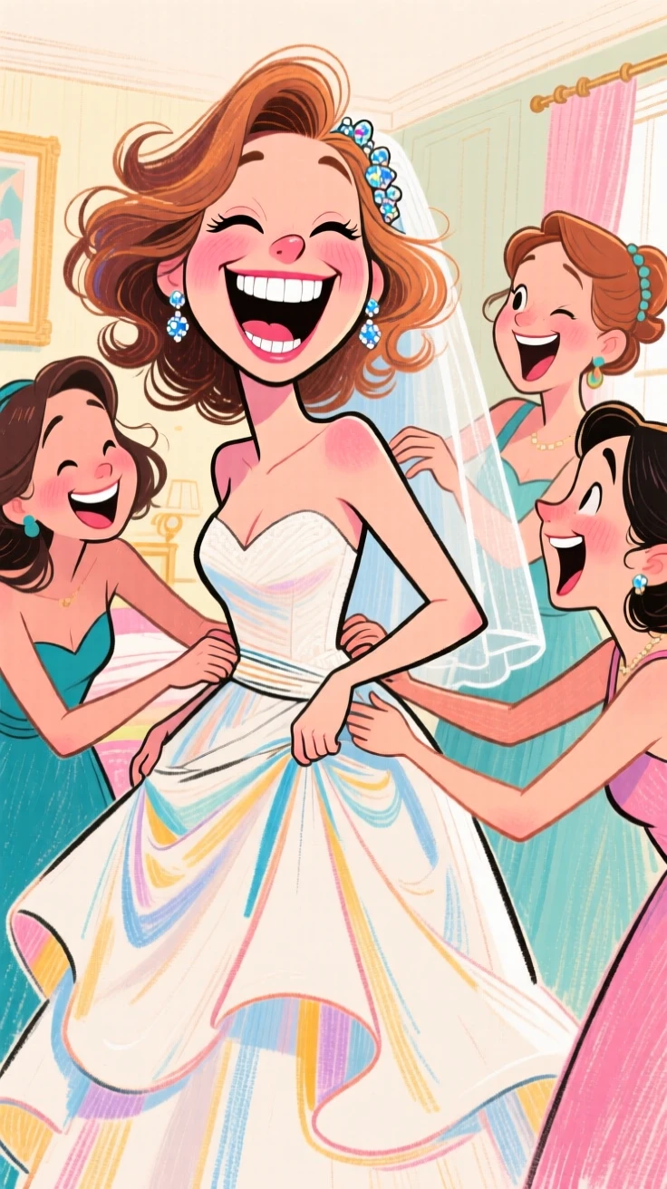 A bride laughing joyfully as her bridesmaids help her into her wedding dress.