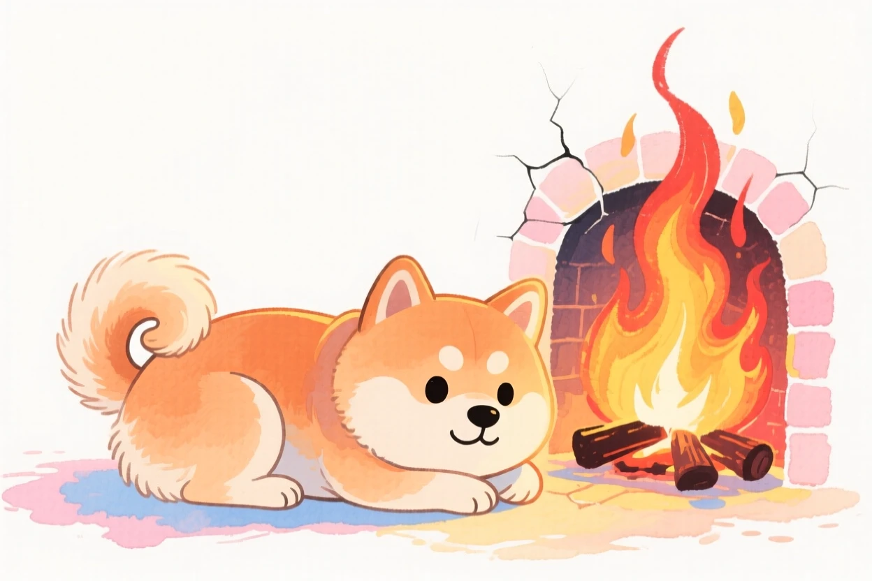 A shiba inu curled up next to a crackling fireplace