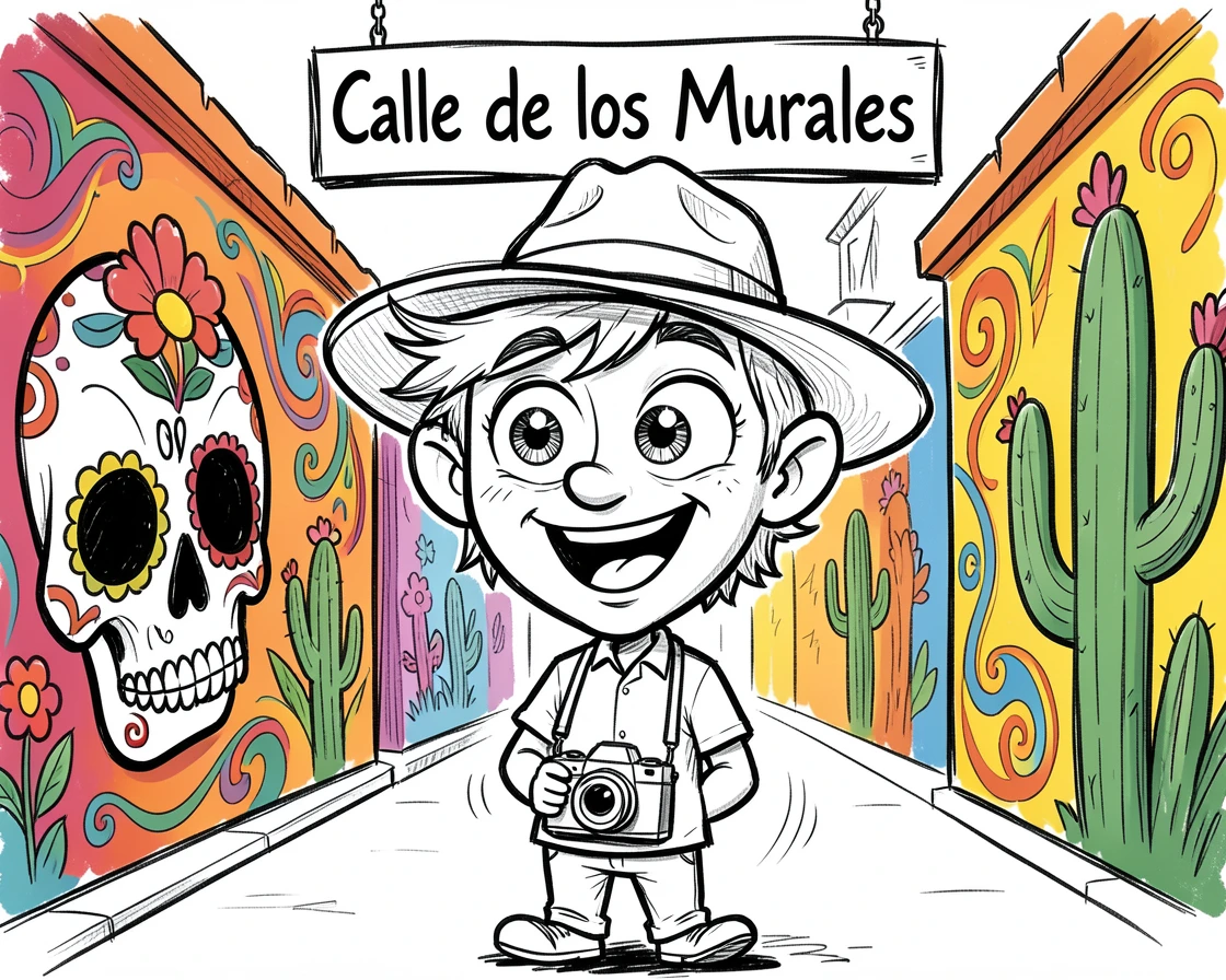 [Travel & Cultural Experiences] Vivid travel scene of a tourist admiring the vibrant murals of a Mexican street, full of wonder and adventure