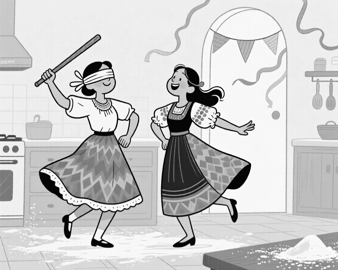 Dancers twirling in vividly patterned traditional dress, swinging a stick with eyes comically covered by a blindfold, set in a kitchen dusted with flour and sugar. Paper streamers flutter from a nearby archway. The image feels like a snapshot of pure, collective happiness.