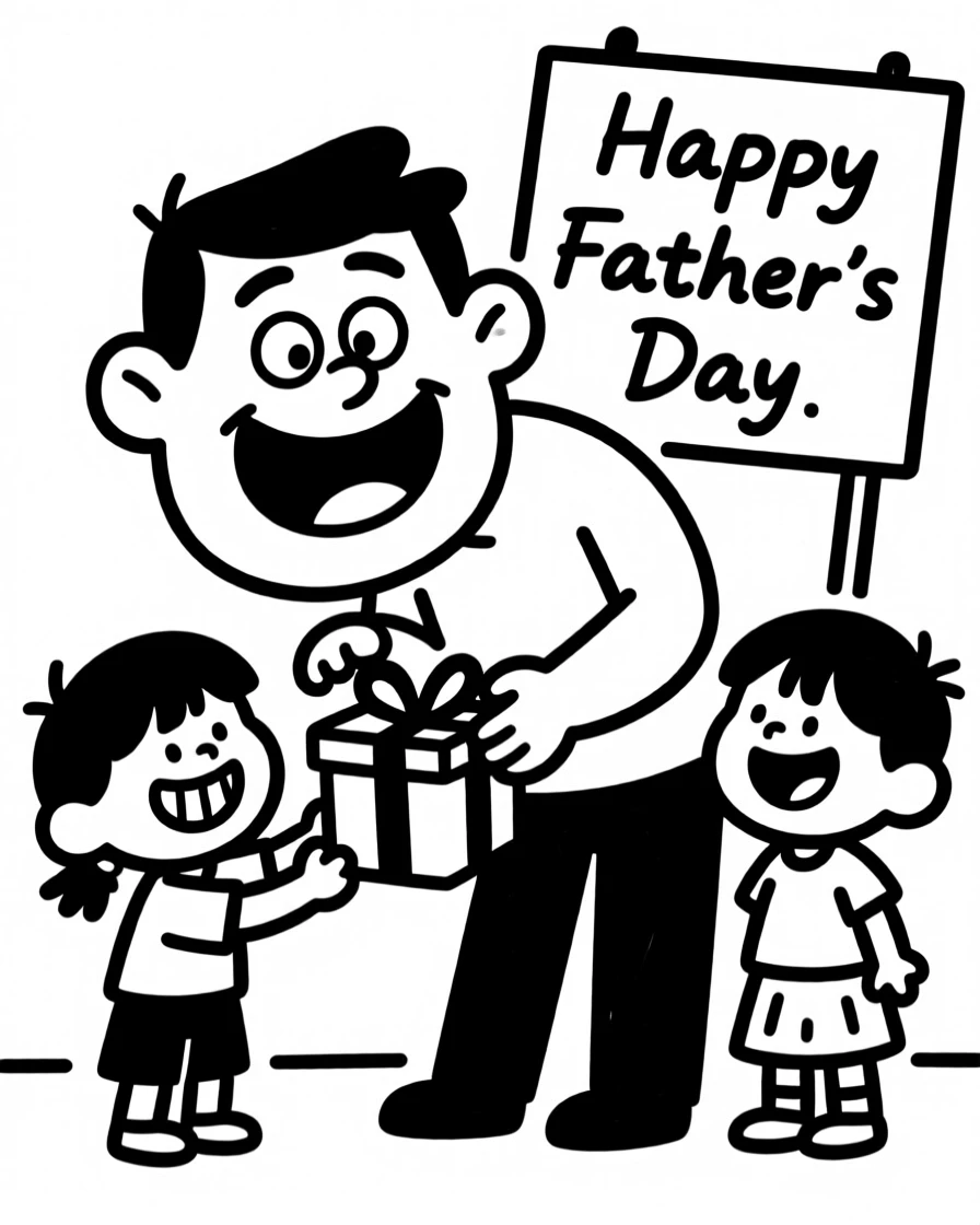 A Father's Day scene of a dad opening a gift from his beaming kids.