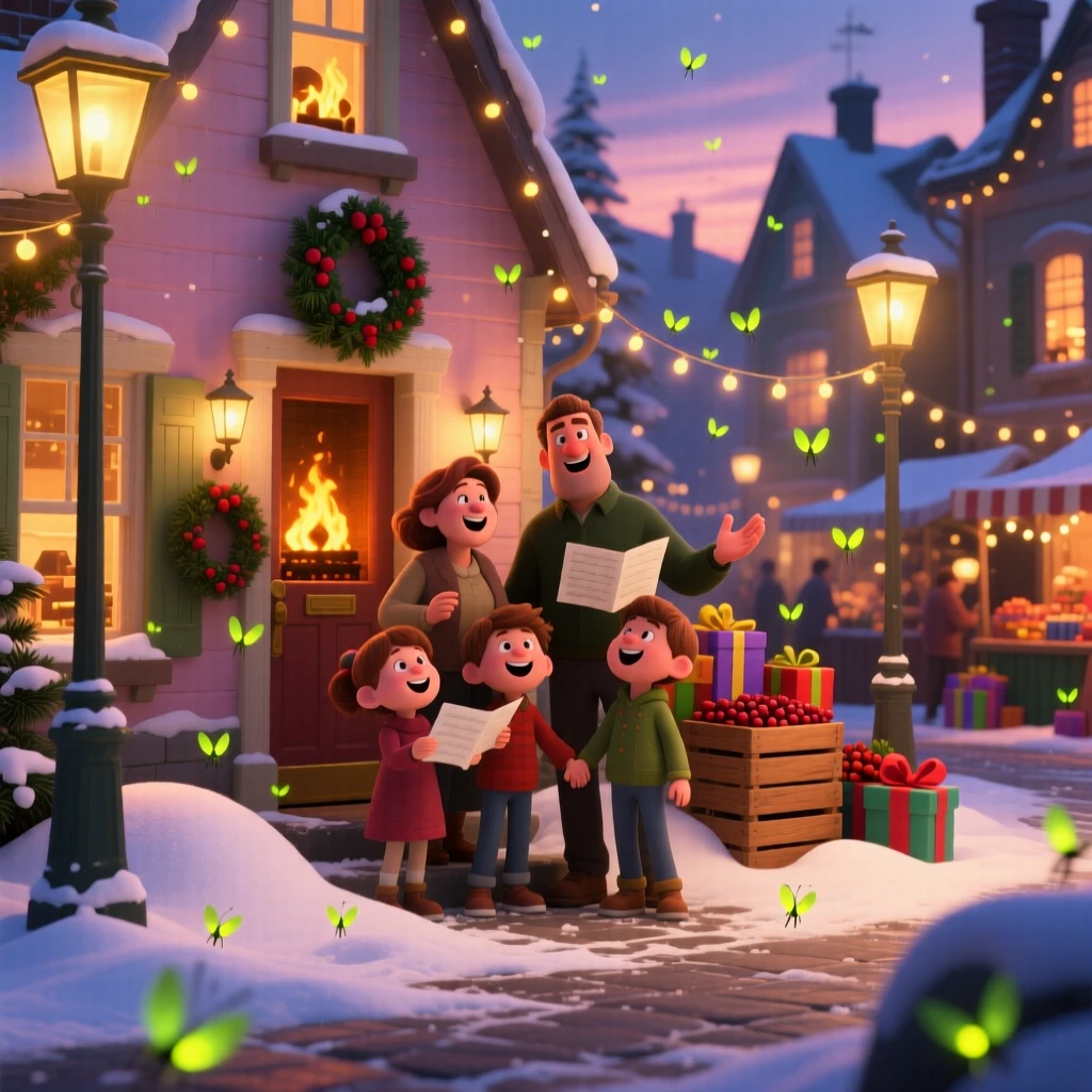 A group singing carols on a snowy doorstep happens in a town square decorated for a festival, with fireflies flickering in the dusk. The mood is joyful, nostalgic, and full of celebration.