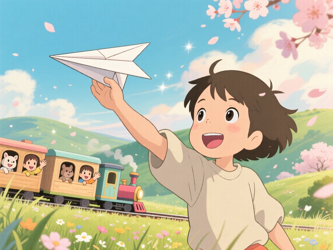A charming scene of a paper airplane soaring above a child's outstretched hand, as passengers wave from open windows.