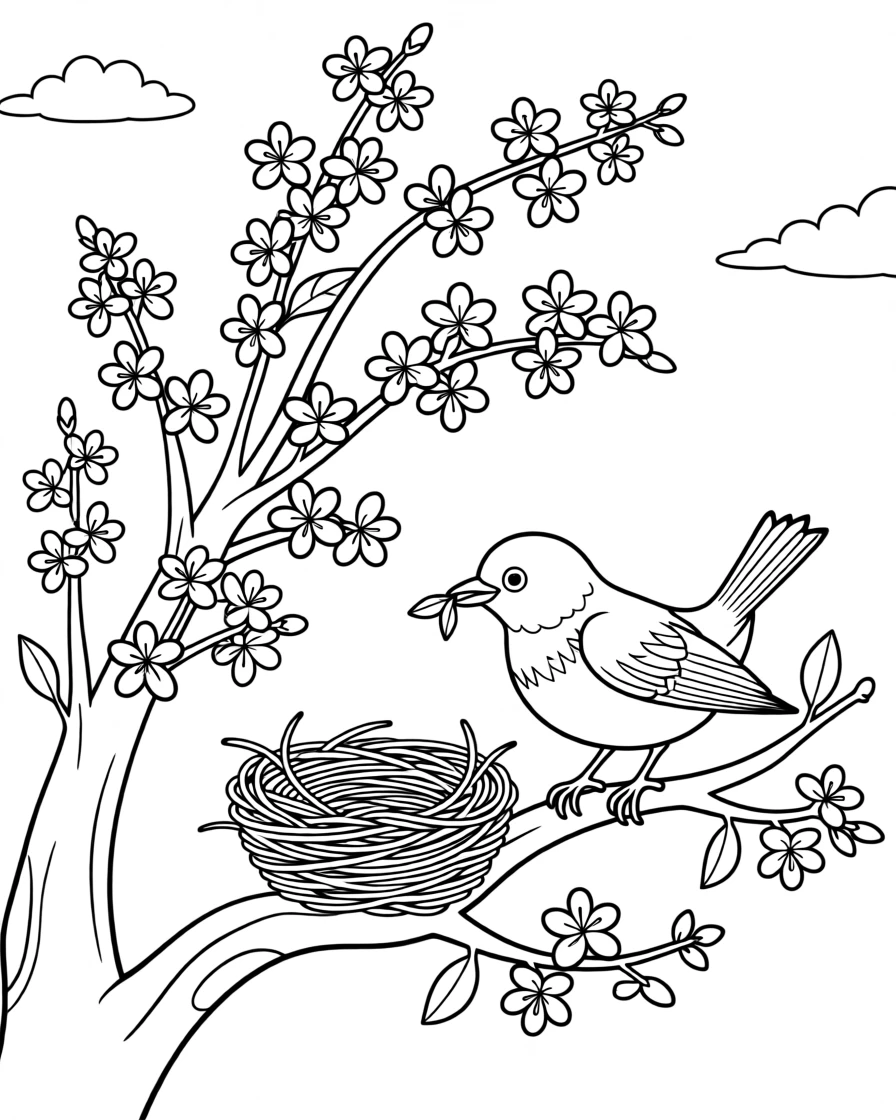 A springtime bird building a nest in a blossoming tree