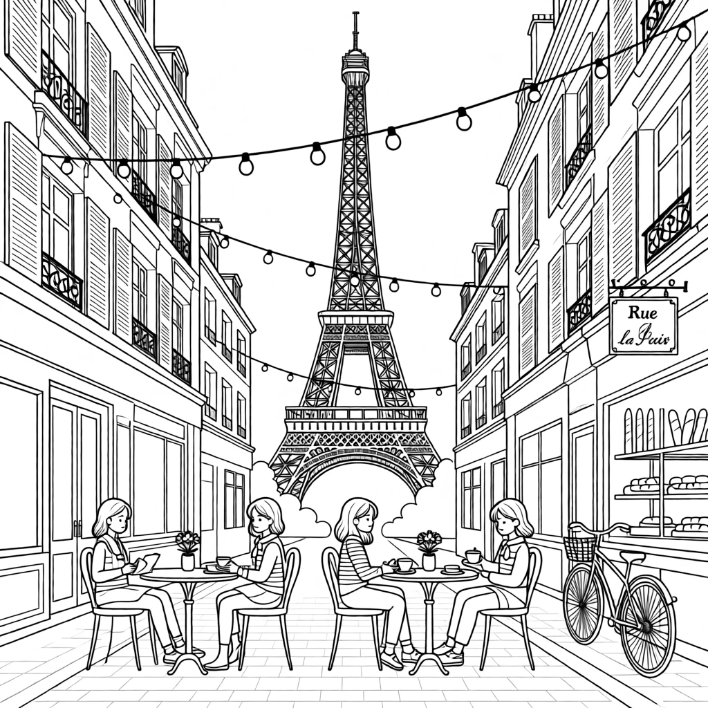 The Eiffel Tower rising above a Parisian street café, with string lights strung between old buildings.