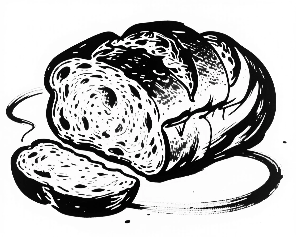 A rustic loaf of sourdough bread sliced open showing its airy crumb.