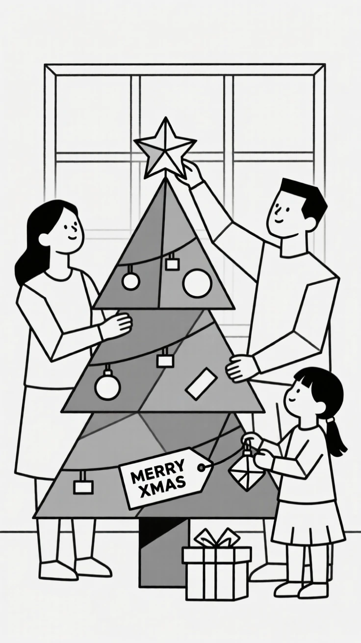 A family decorating a Christmas tree together
