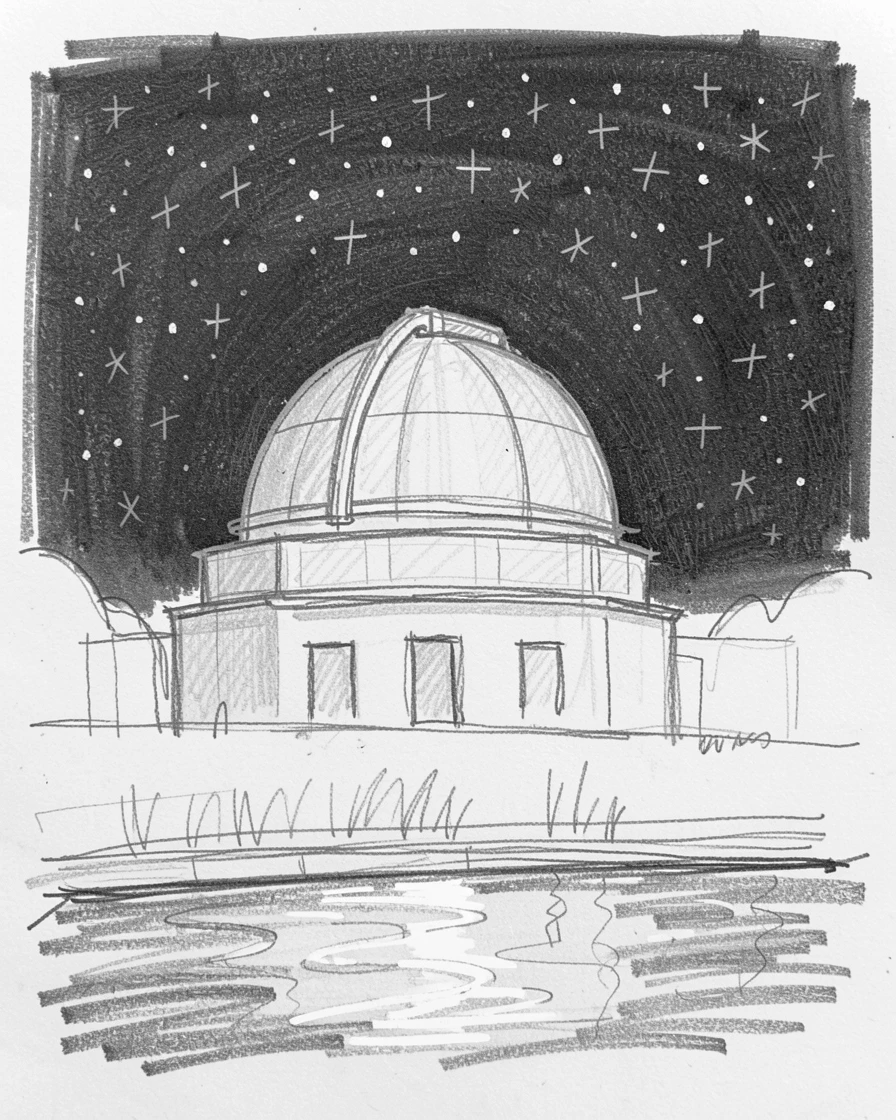A stunning view of a domed observatory at night under a starlit sky, with reflections shimmering in a nearby canal.