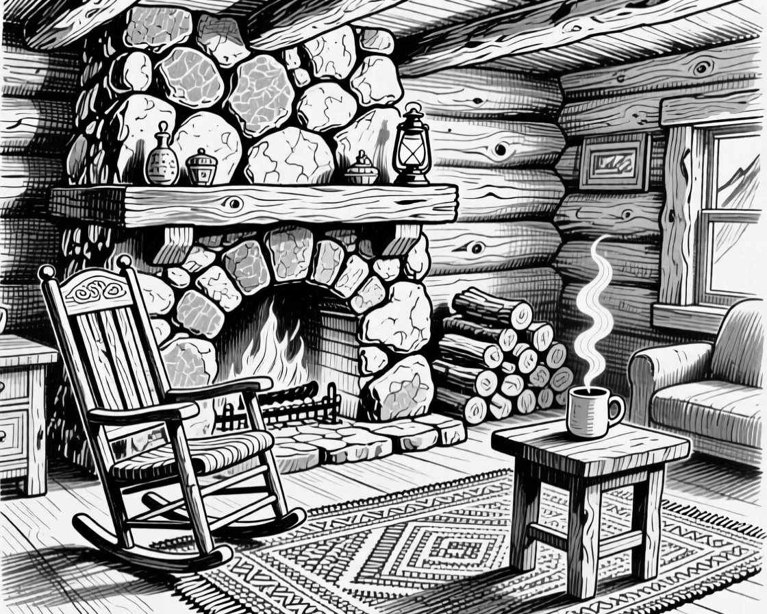 A rustic mountain cabin interior with a stone fireplace and wooden furniture.