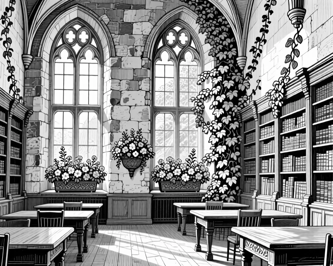 A grand old library reading room with ivy climbing its weathered walls, featuring flower boxes lining every window, rendered in an elegant and serene architectural composition.