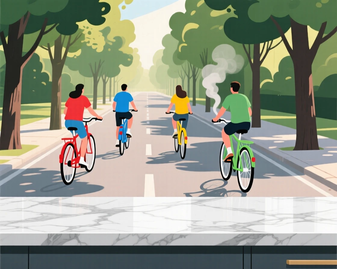 A colorful bike ride through a quiet tree-lined street, arranged on a marble countertop with clean lines, captured from a comfortable eye-level perspective, with subtle steam rising to add a warm, lived-in feel.