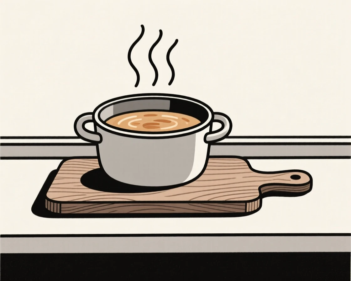A freshly prepared pot of simmering soup served on a rustic wooden board, set in a café windowsill, inviting warm comfort.