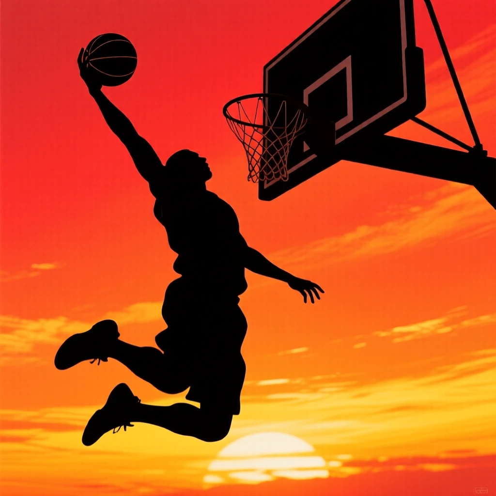 A basketball player rising for a powerful dunk, one arm extended toward the hoop.