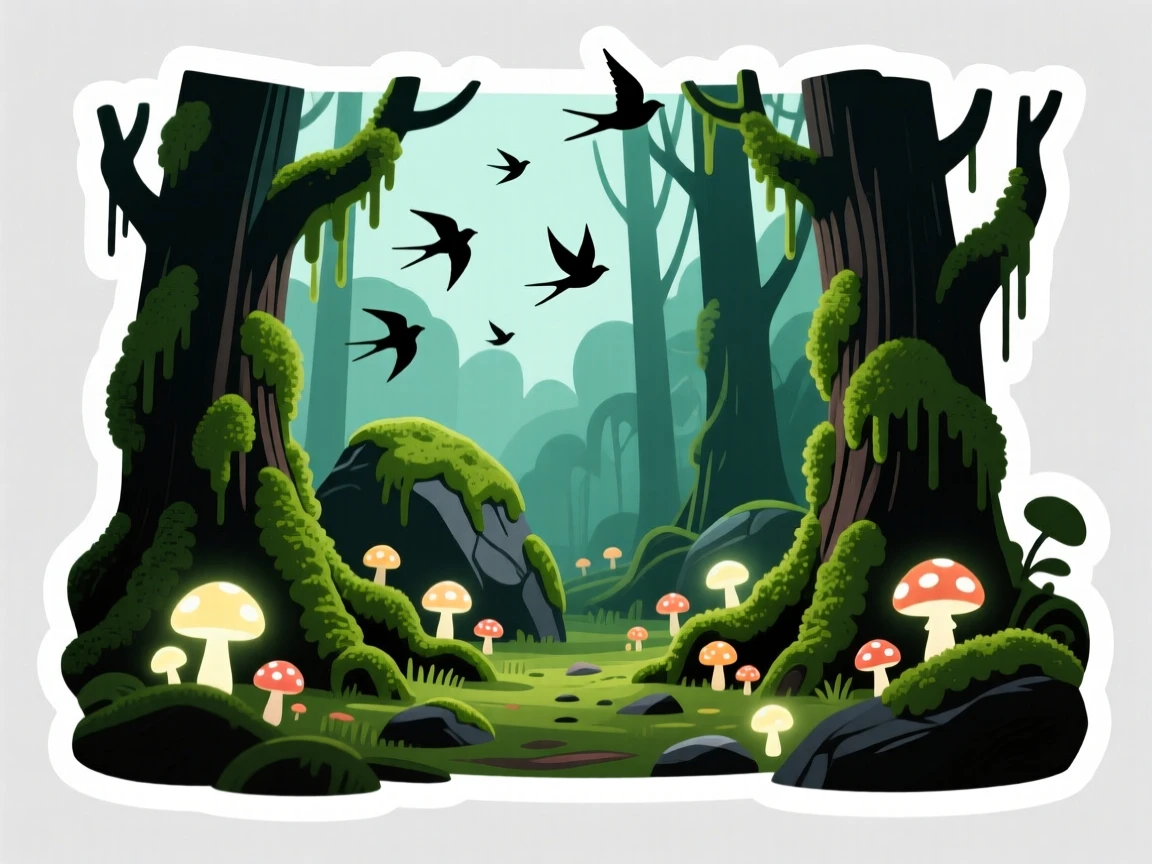 A vibrant moss-covered forest with glowing mushrooms, with birds flying across the sky, in a place time seems to slow down.