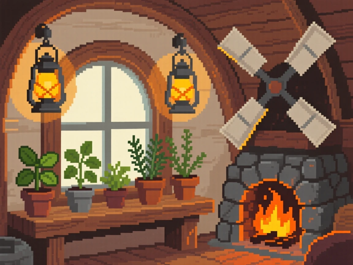 A windowsill herb garden lit by a crackling fire and hanging lanterns, inside a windmill converted into a tiny home.