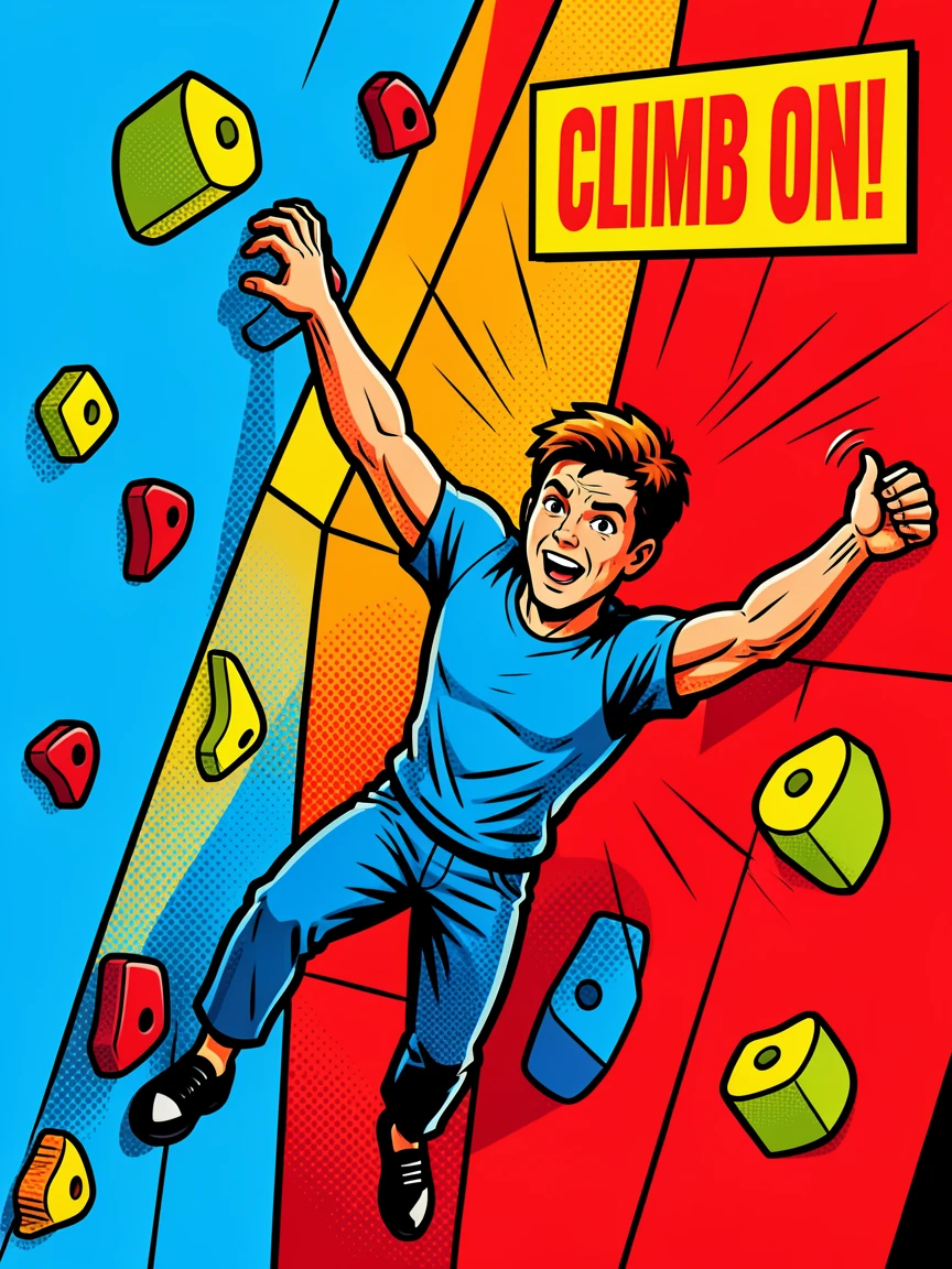 A rock climbing gym scene with a climber reaching for a hold