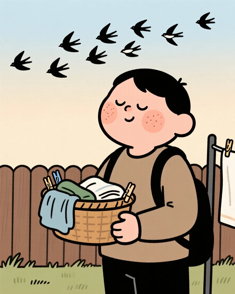 A tired commuter pauses mid-chores to watch a flock of birds crossing the sky, a small smile crossing their face at the simple beauty of it.