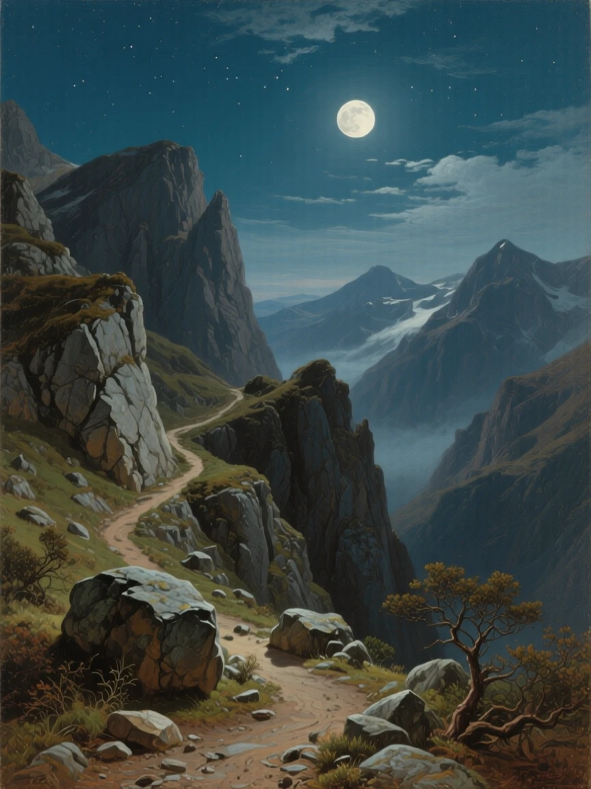 A grand panoramic scene of a rugged mountain pass with a narrow trail winding upward, under a full moon, in the early 19th century.