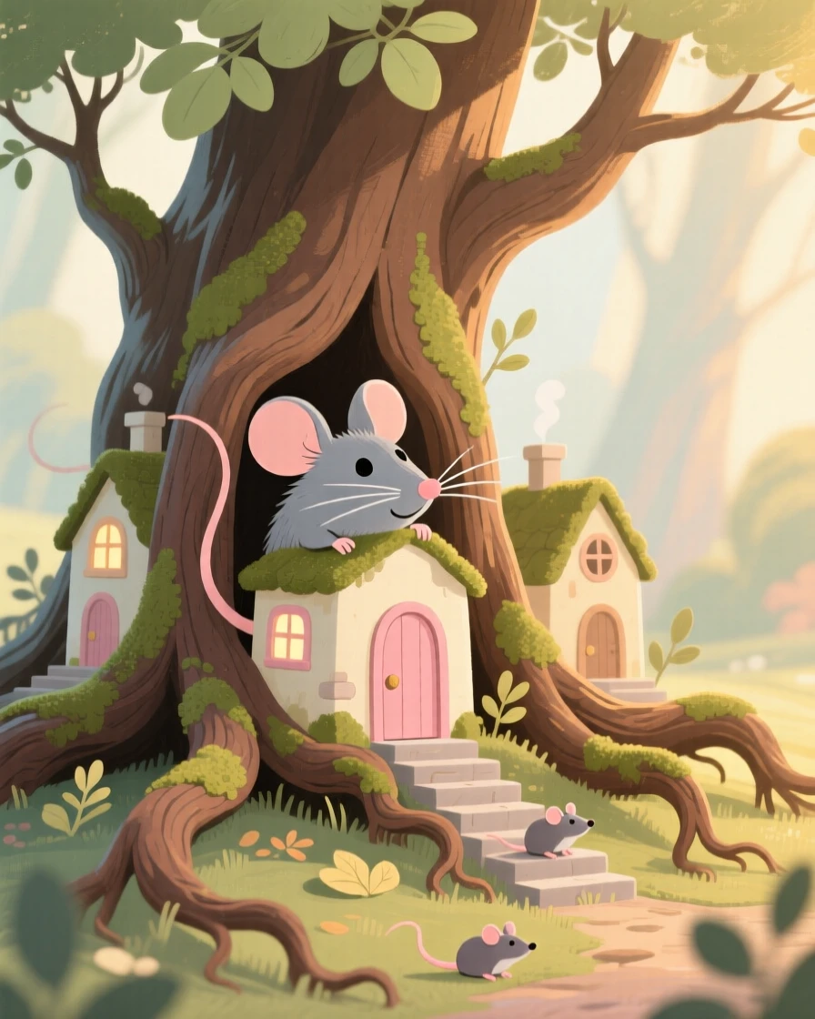 A tiny village of mouse houses built into the roots of a tree