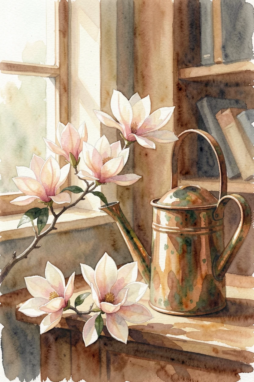 A branch of magnolia blossoms in the corner of a cozy study next to an antique watering can.