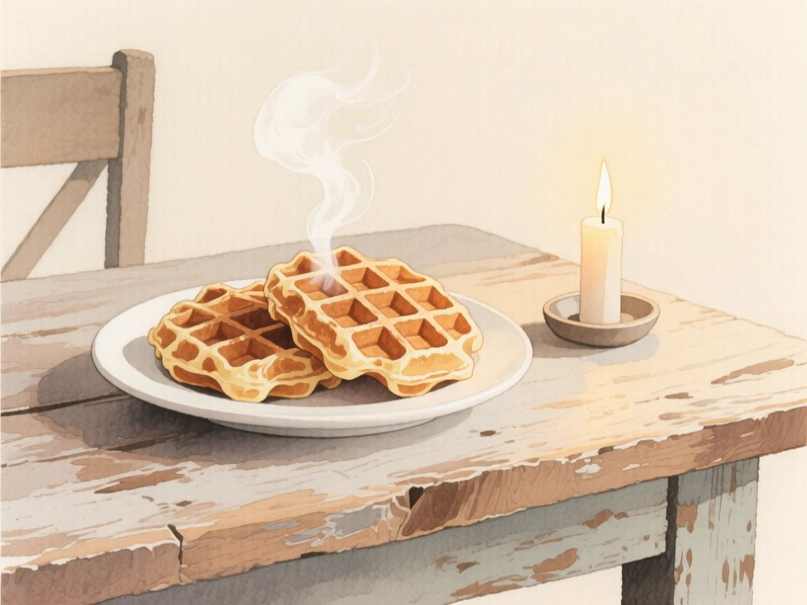 A plate of warm waffles sits with a candle flickering softly nearby on a rustic farmhouse table, arranged beautifully for a delightful meal