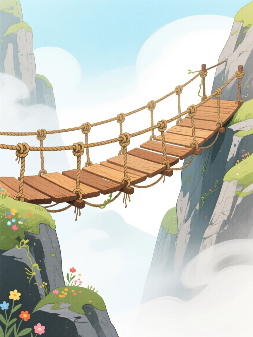A rope bridge swaying above a misty ravine, mysterious and inviting.