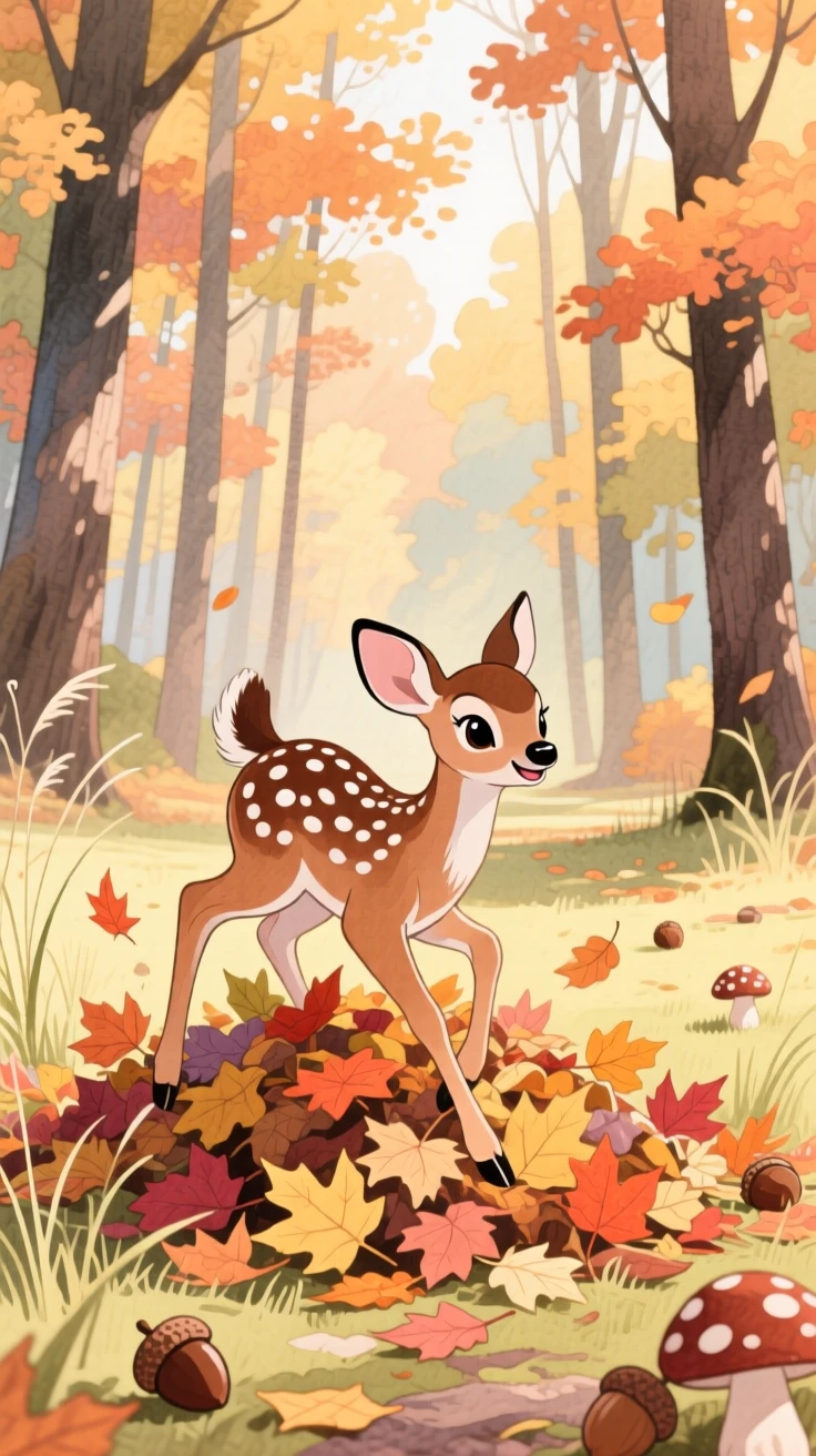 A spotted fawn playing in a pile of crunchy autumn leaves, set in a quiet forest clearing dappled with sunlight, capturing a fleeting moment of quiet contentment.