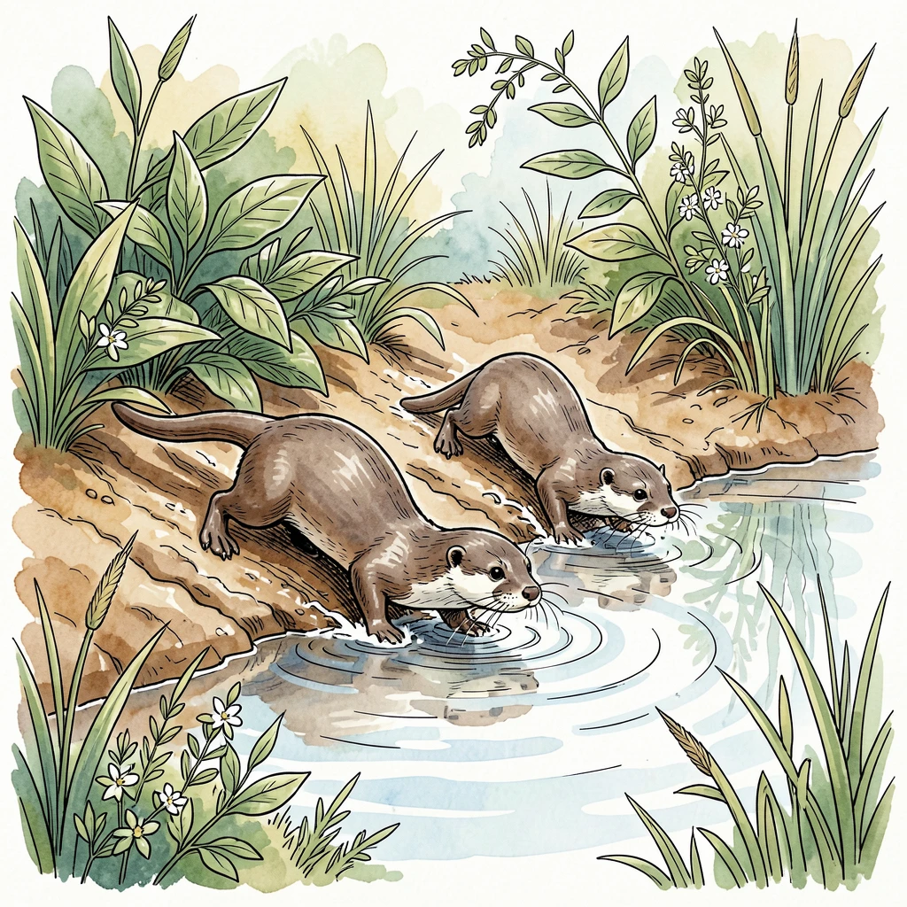 A pair of otters sliding down a muddy riverbank into the water, the scene framed by lush greenery on every side.