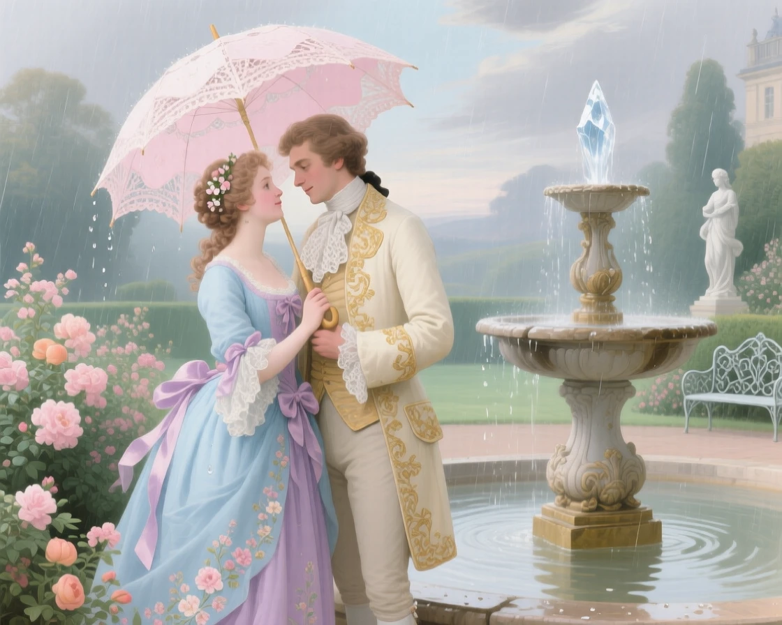 A young couple sharing a parasol beside a rain-dappled fountain  