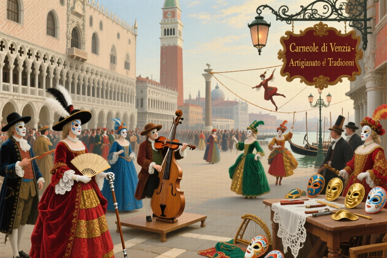 A grand Venetian carnival with masked figures in elaborate costume, with rich period-accurate clothing, tools, and architecture throughout, honoring the customs, craftsmanship, and spirit of the time