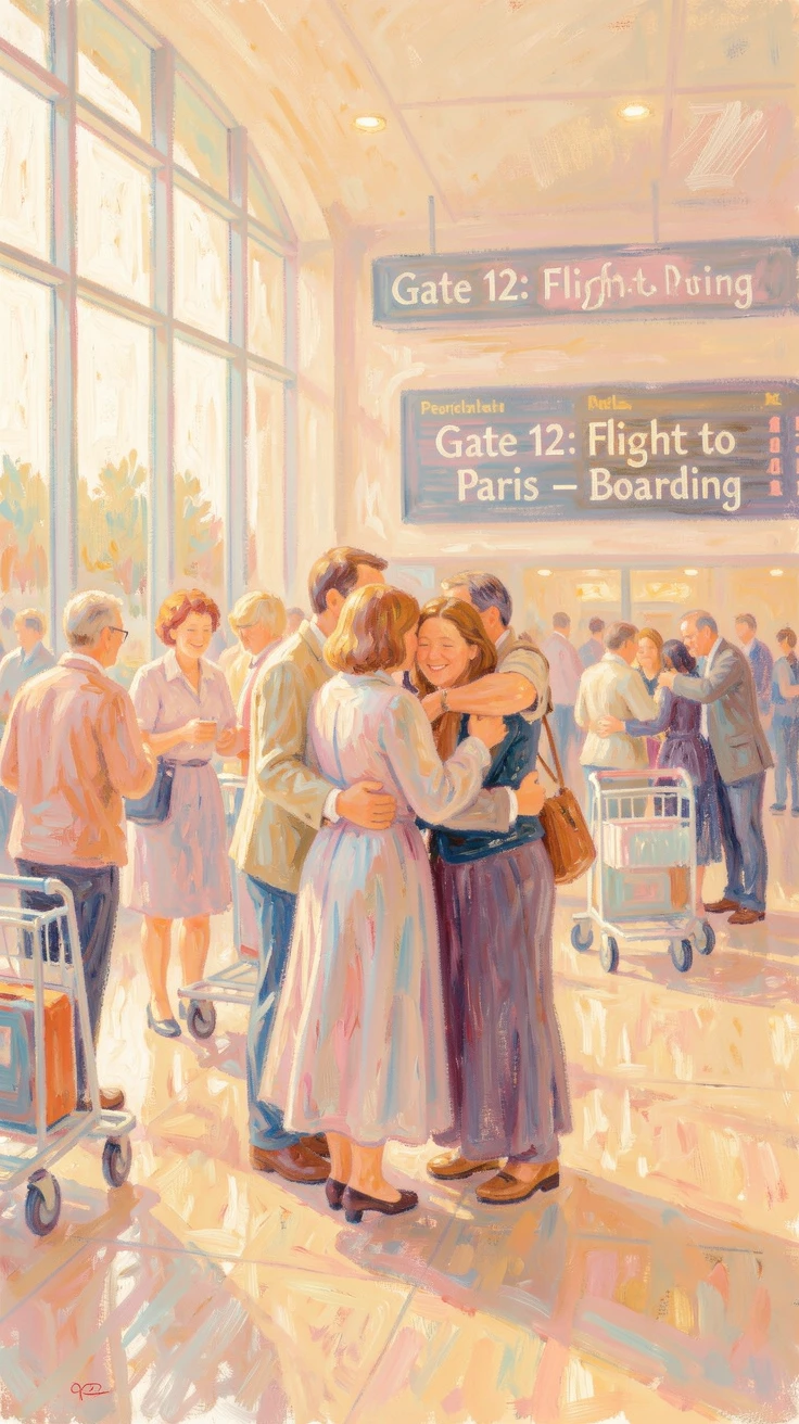 A joyful reunion at an airport, family members embracing tightly as luggage carts pass by.