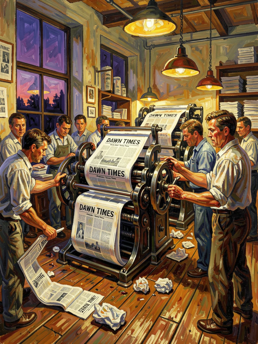 A busy print shop with an old press rolling out fresh newspapers at dawn.