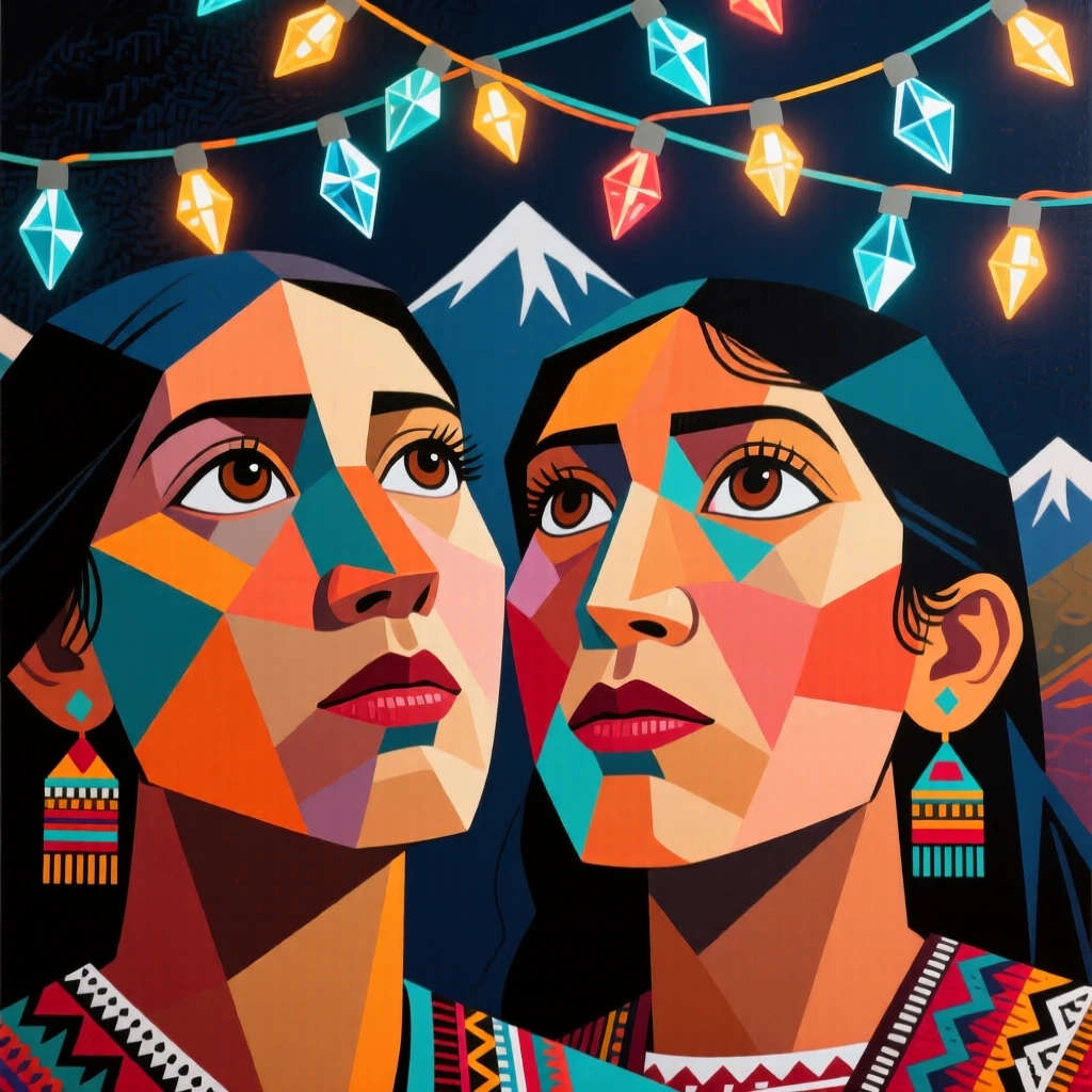 A close-up portrait of twin sisters of Andean heritage, looking up in awe, beneath a canopy of string lights.