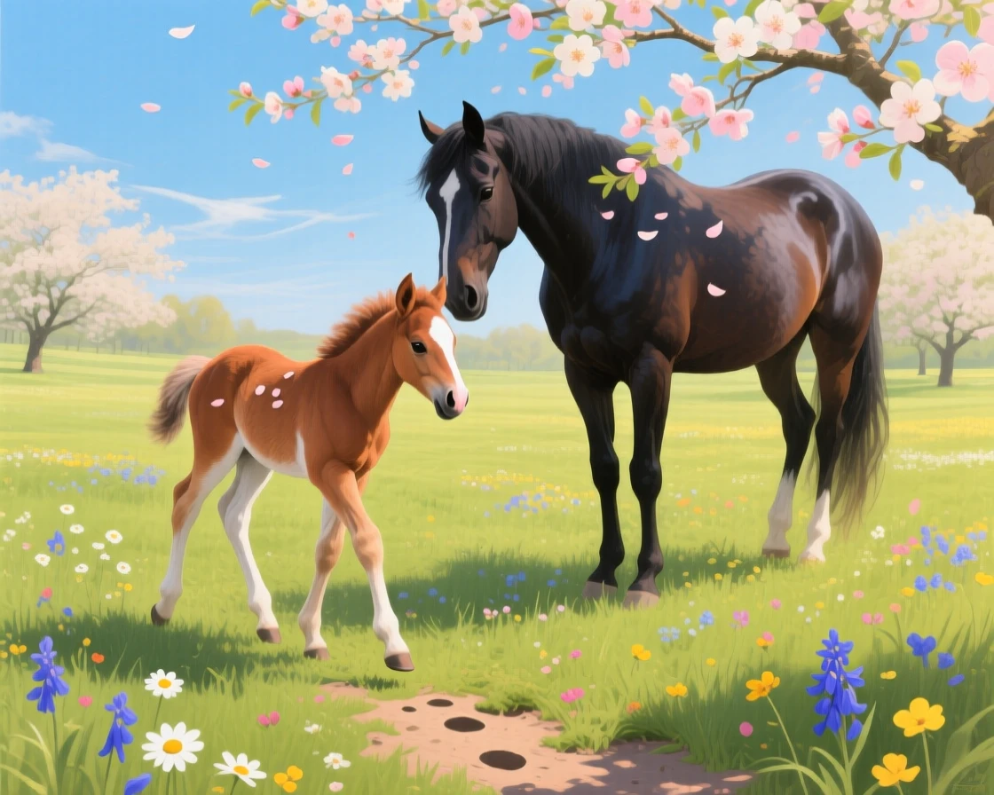 A young foal takes its first wobbly steps in a spring pasture, its mother watching protectively nearby beneath blooming apple trees, small environmental cues, like tracks or disturbed grass, hinting at its recent movement.