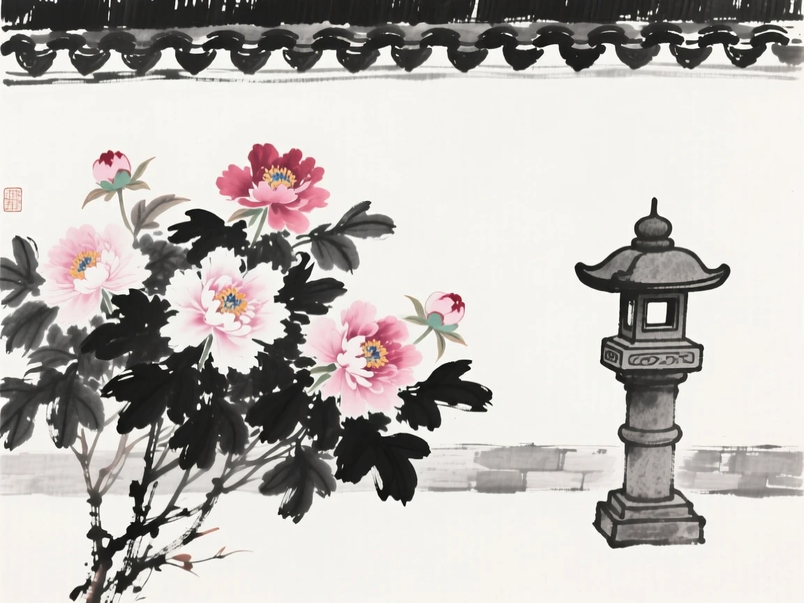 A cluster of peonies blooms fully in a walled garden, with a stone lantern standing quietly nearby.