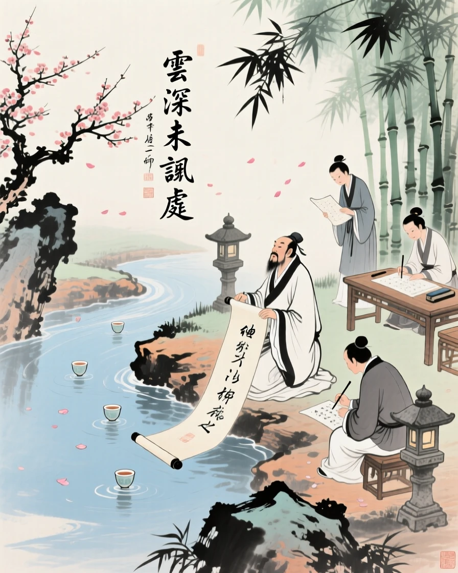 An ancient scholar's garden party with guests composing poems on floating cups, in the soft light of late afternoon, radiating gentle serenity.