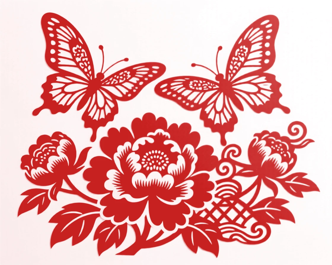 A butterfly pair fluttering above a cluster of peonies, wings catching the light as they circle each other