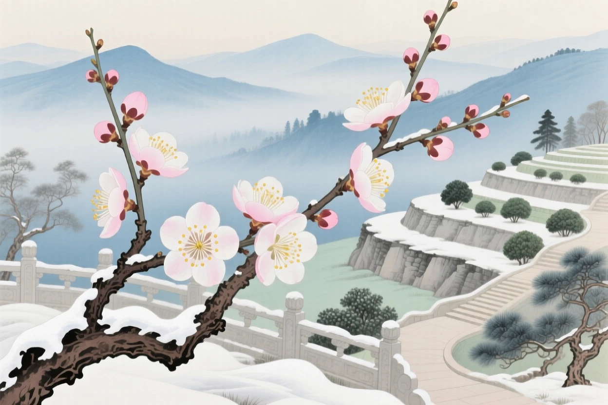 Plum blossoms on a snow-dusted branch in a terraced garden overlooking a valley