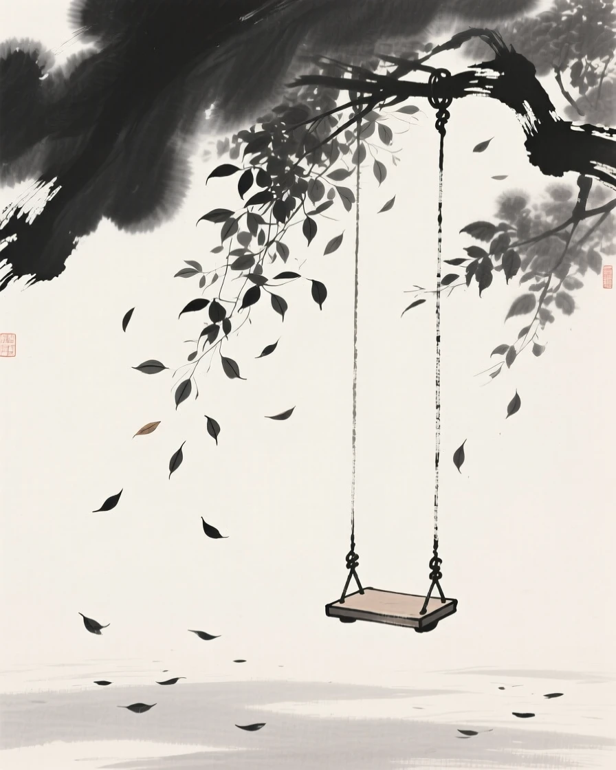 An empty garden swing beneath falling leaves beneath a wide and silent sky, framed with soft, diffused light throughout, carrying a hushed, contemplative silence.