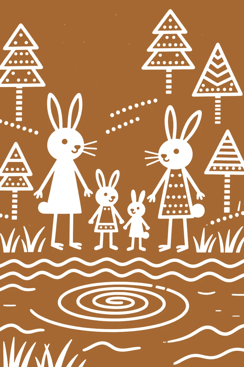 A family of rabbits standing at the edge of a lake.