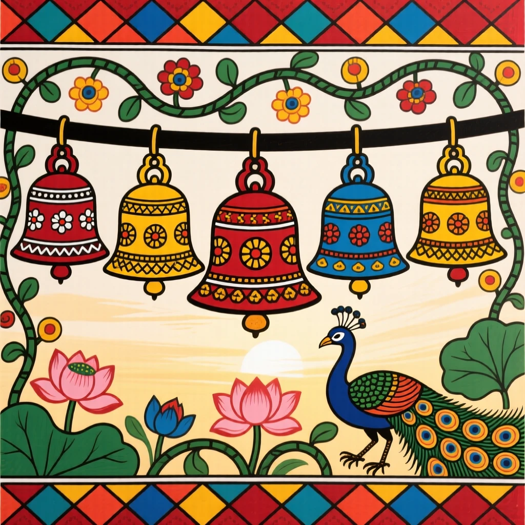A row of temple bells hanging silently in the morning light.