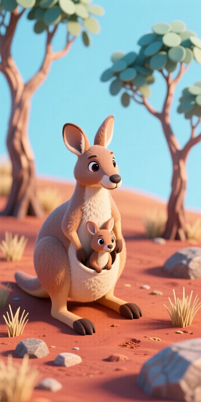 A curious kangaroo joey peeking out from its mother's pouch in a sunlit outback landscape, gum trees swaying nearby.
