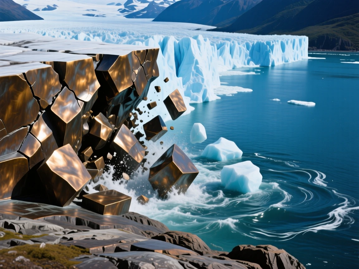 A glacier calving into a deep blue fjord, rendered in vivid, atmospheric detail, offering a breathtaking sense of place
