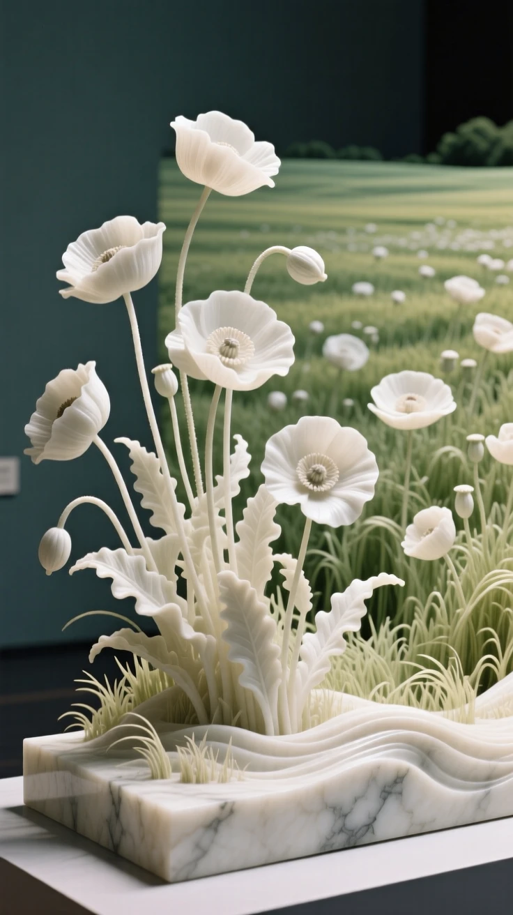 A sweeping, cinematic composition of a field of poppies swaying in the breeze, capturing the raw beauty of the natural world