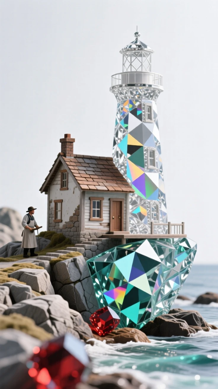 A historic lighthouse keeper's cottage on a rocky windswept coastline.