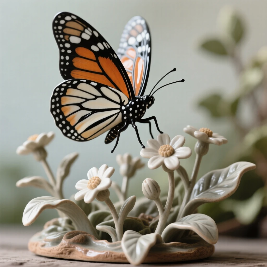 A monarch butterfly mid-flight over wildflowers resting quietly amid soft foliage, with iridescent feathers catching the light, radiating delicate, fleeting beauty.