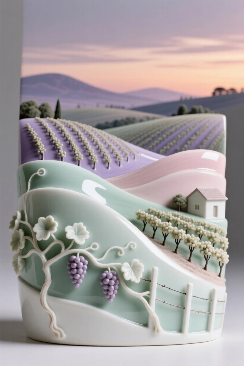 A tranquil rolling vineyard hills at dusk, utterly peaceful and inviting.