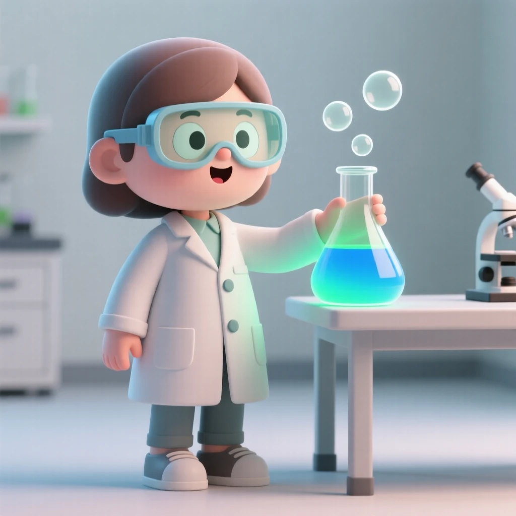 An excited scientist watches a bubbling beaker change colors, safety goggles pushed high on her forehead.