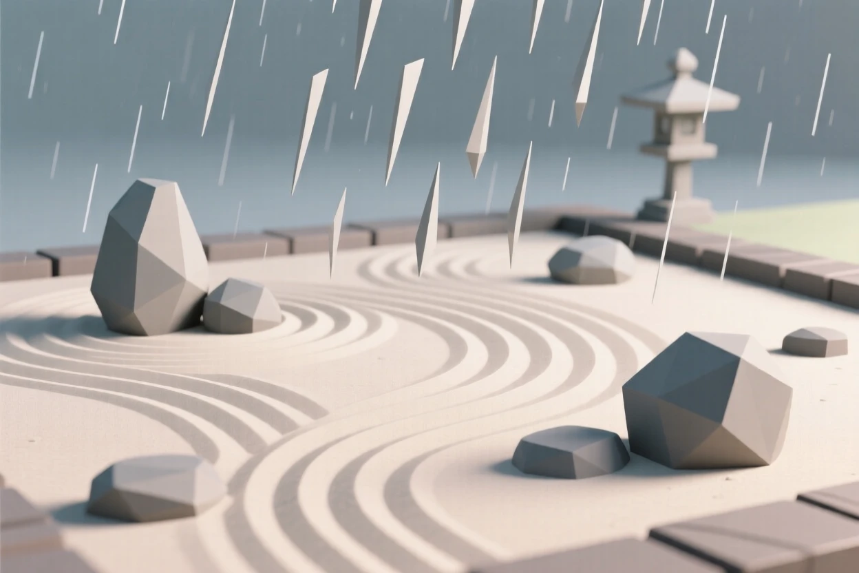 A tranquil Zen garden with raked sand and smooth stones, under a gentle evening rain. vibrant color accents contrast against neutral stone. The scene feels timeless and charming.