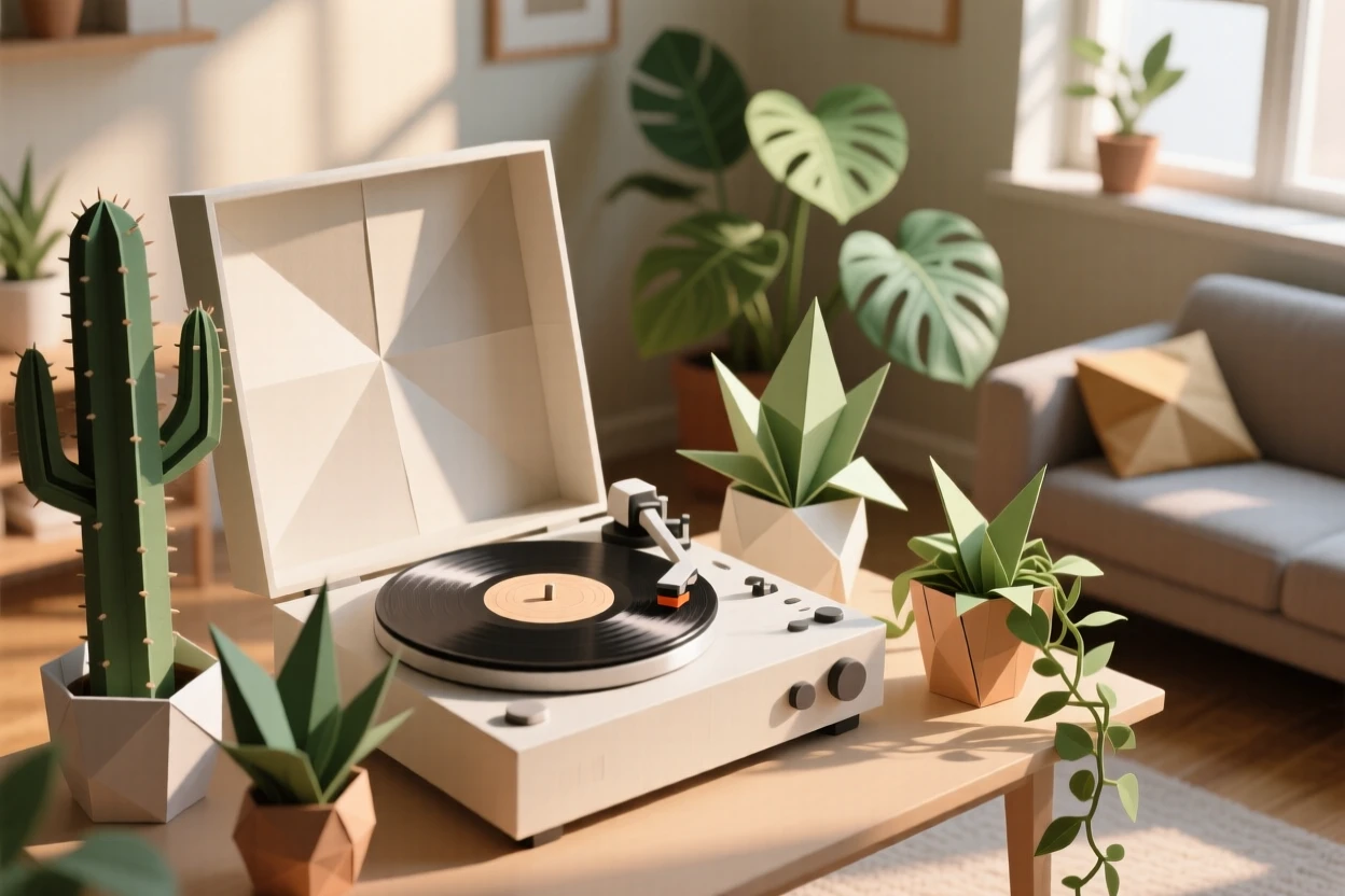 A record player spinning in a living room filled with houseplants and warm afternoon light.